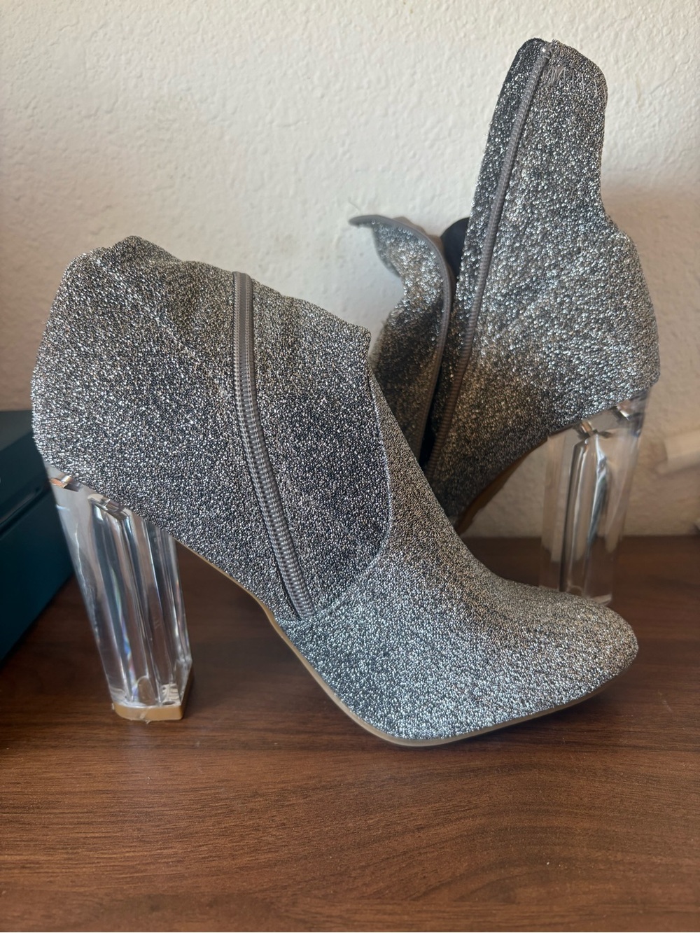 BAMBOO Silver Glitter Ankle Booties with Clear Block Heel